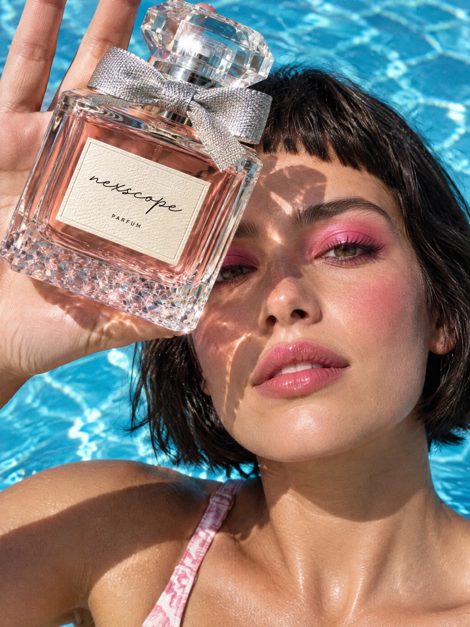 A model holding nexscope perfume beside a sunlit swimming pool, generated with GPT Image 2.5 Flare