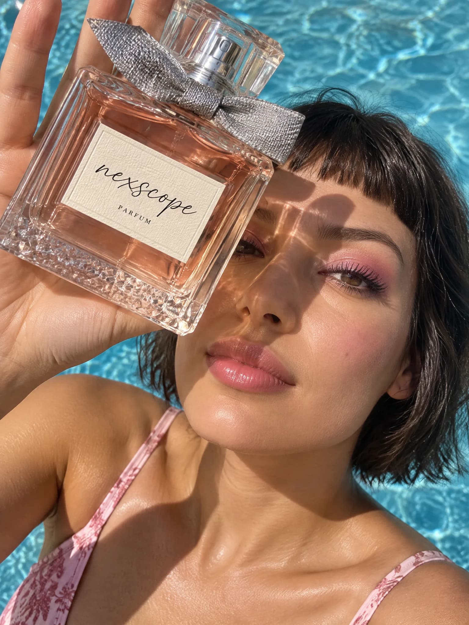 A model holding nexscope perfume beside a sunlit swimming pool, generated with GPT Image 2.5 Sunburst