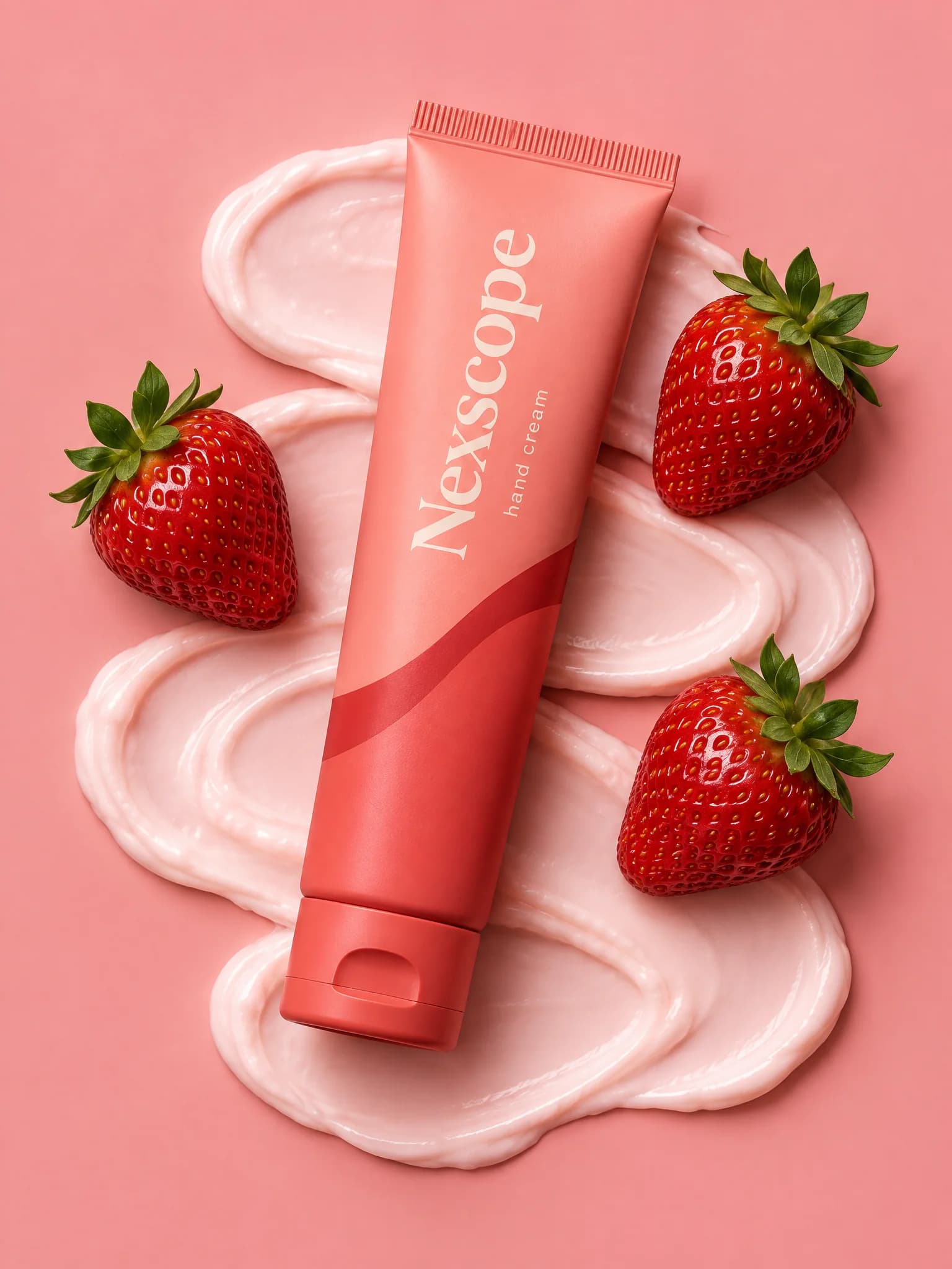 Strawberry hand cream with swirls of cream