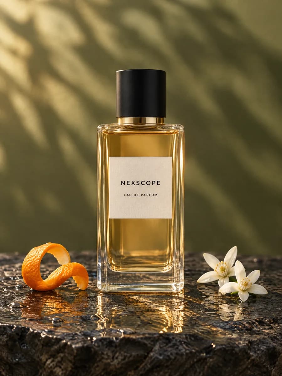 The same Nexscope perfume styled on dark stone with citrus, flowers, and golden light