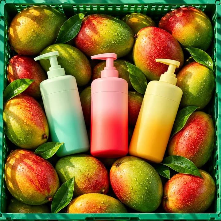 Colorful pump bottles among fresh mangoes in a green produce crate