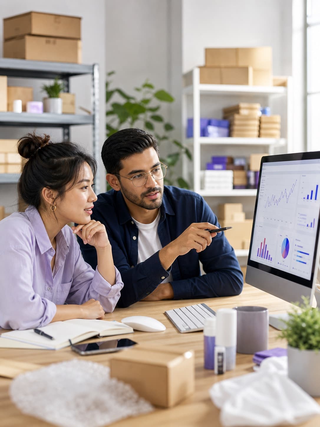 Two ecommerce sellers reviewing Amazon keyword opportunity data in a modern office