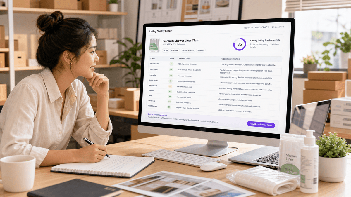 Ecommerce seller reviewing a listing quality report with score, checks, and recommended actions