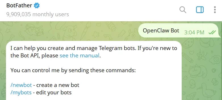 BotFather welcome message in Telegram