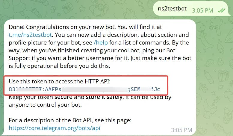 BotFather sends your bot token