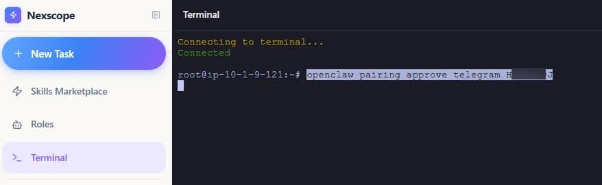 Nexscope Terminal showing the pairing approval command