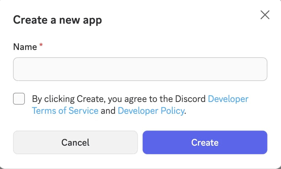 Discord Create New App dialog