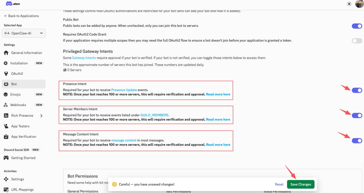 Discord Gateway Intents settings