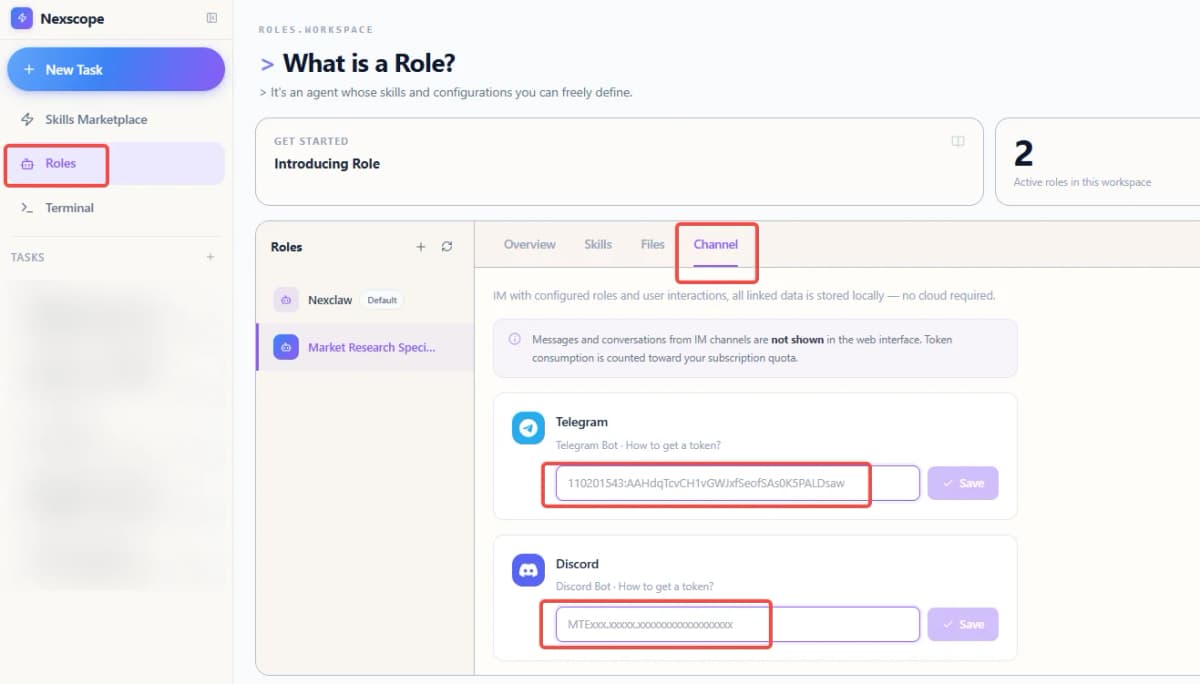 Nexscope Roles Channel settings showing Telegram and Discord token inputs