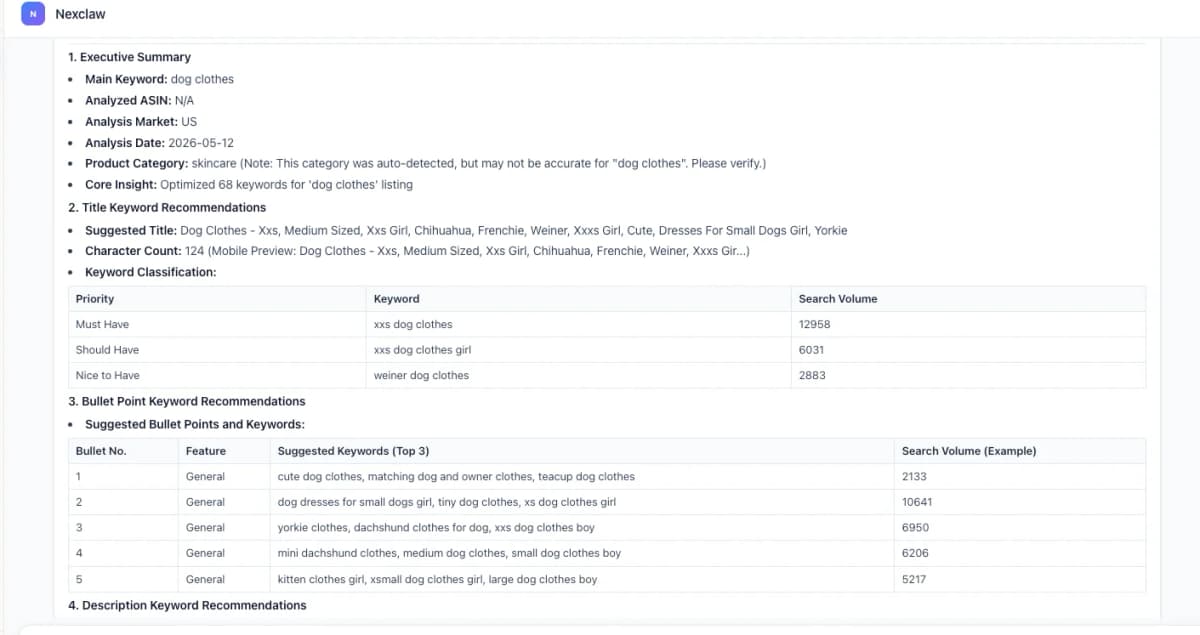 Nexscope keyword research report - title recommendations, keyword classification, and bullet point suggestions with search volume data