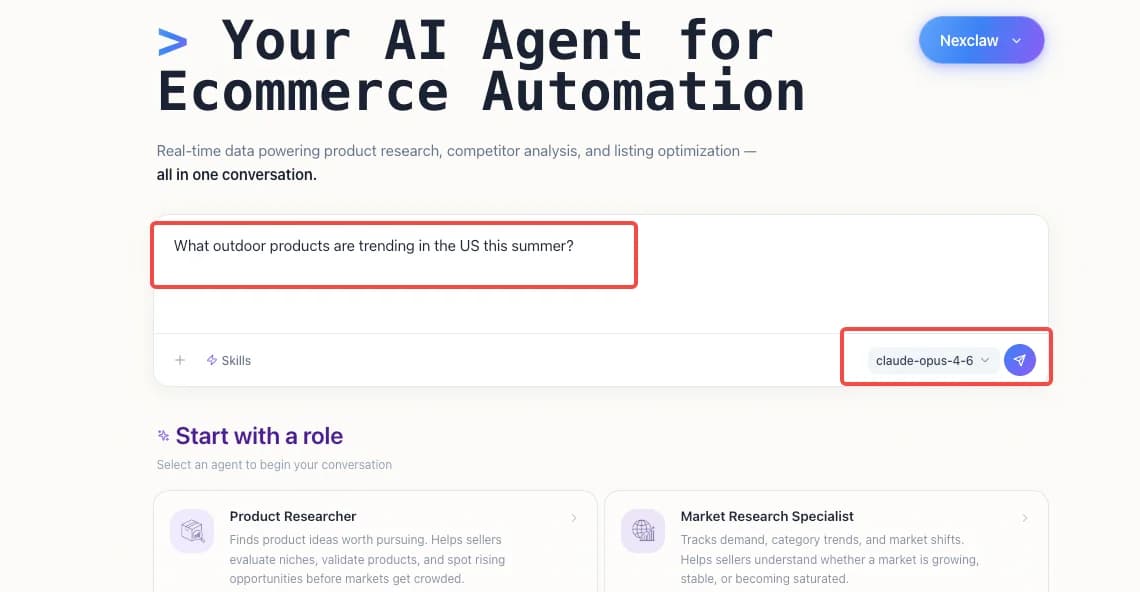 Nexscope interface - enter your product research question