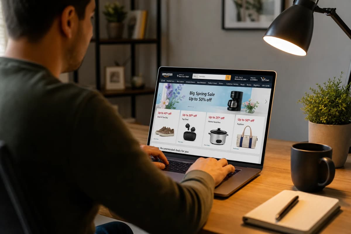 Person browsing Amazon Outlet deals on laptop in home office