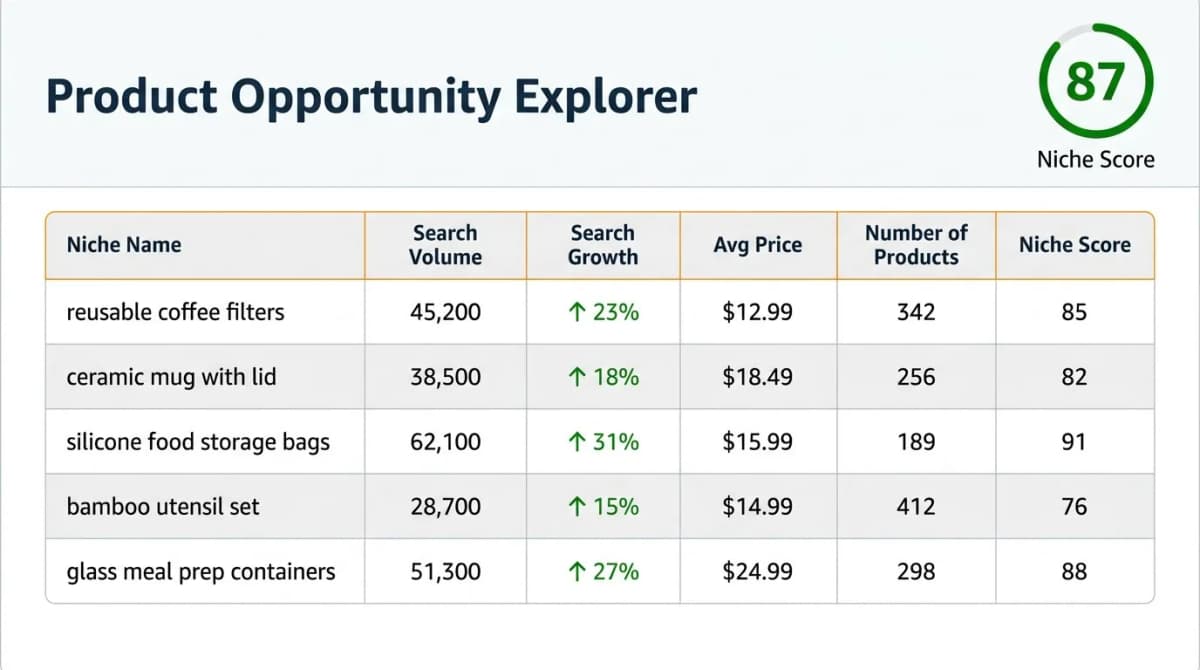 Amazon Product Opportunity Explorer dashboard used to evaluate niche demand and customer needs