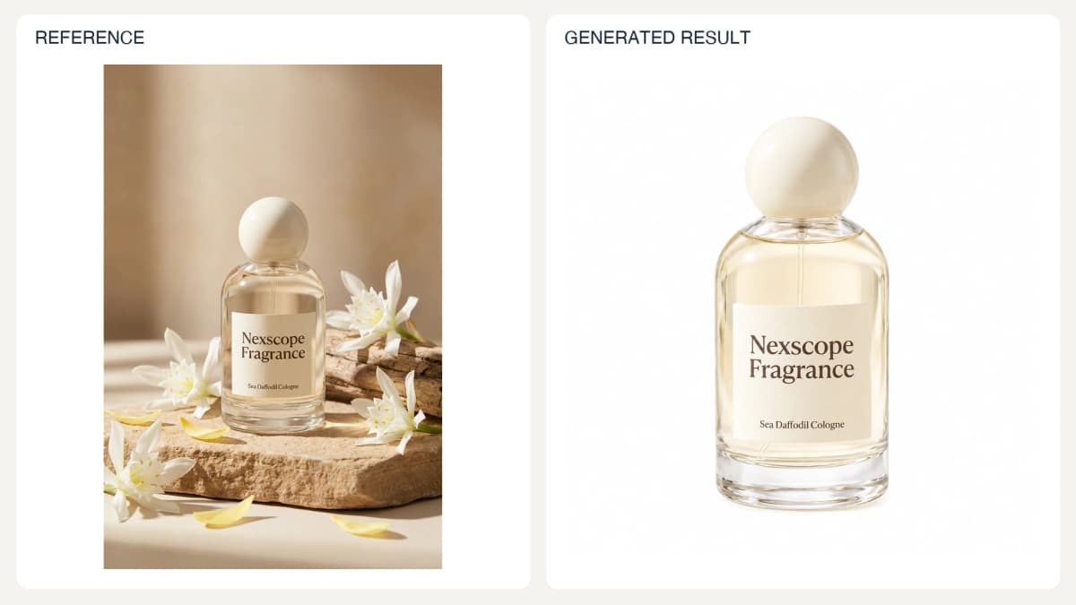 White-Background Catalog Photo — reference left and generated example right