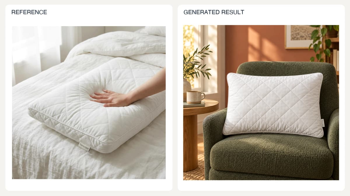 Pillow Lifestyle Scene from One Reference — reference left and generated example right