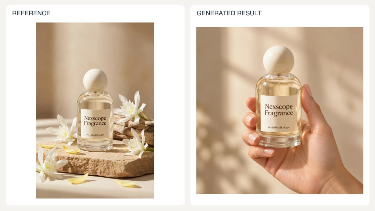 Handheld Product Close-Up — reference left and generated example right