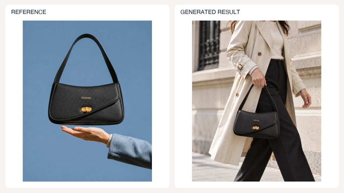 Product-Use Demonstration — reference left and generated example right