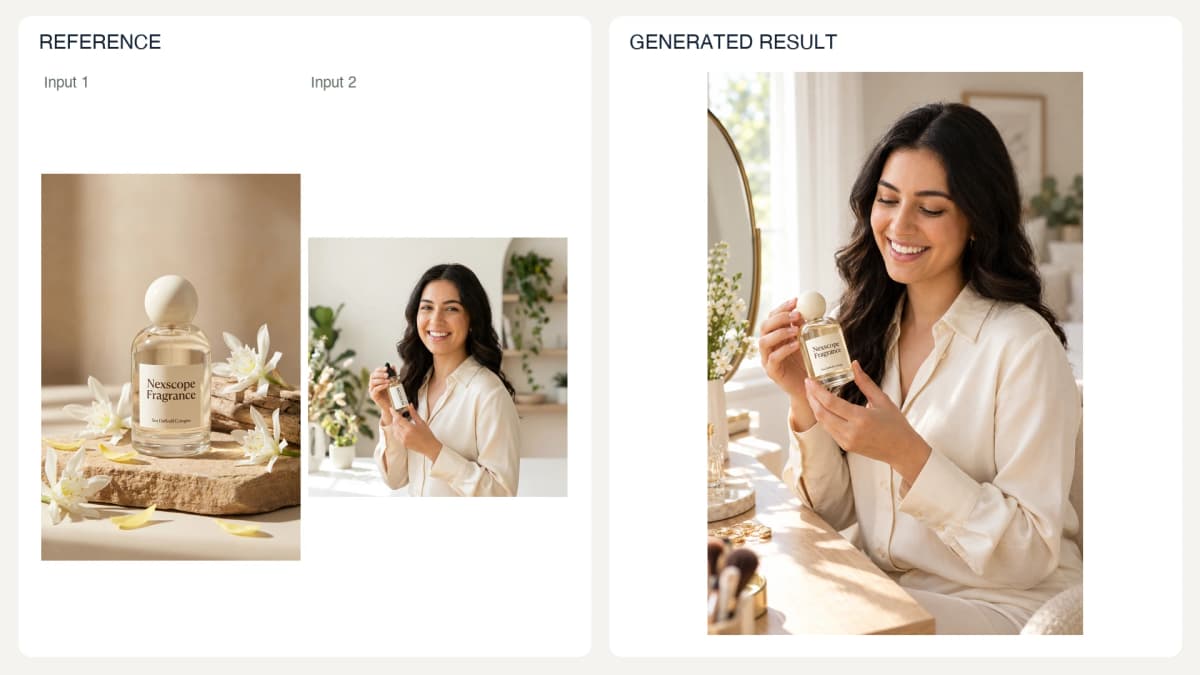 Natural UGC-Style Creative — reference left and generated example right