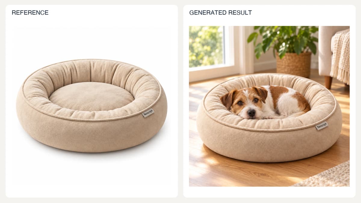 Pet Product Interaction — reference left and generated example right