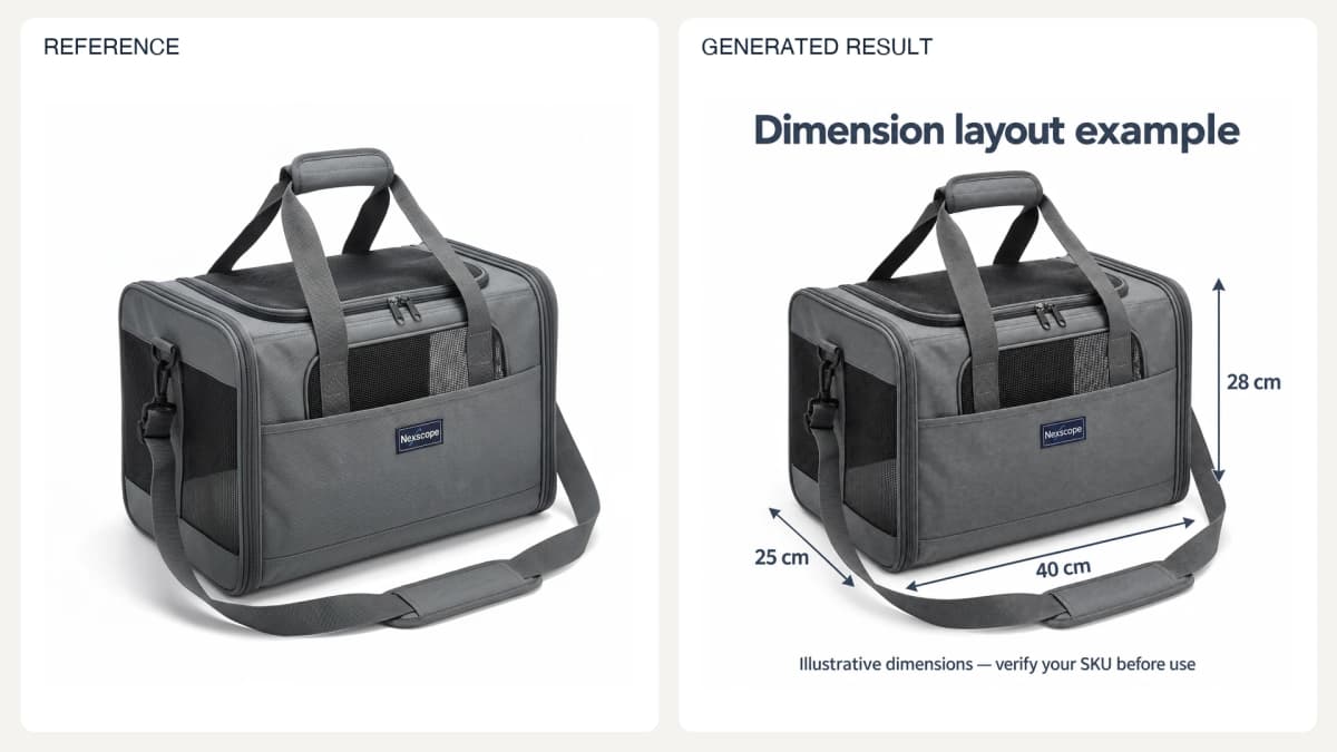 Product Dimension Layout — reference left and generated example right