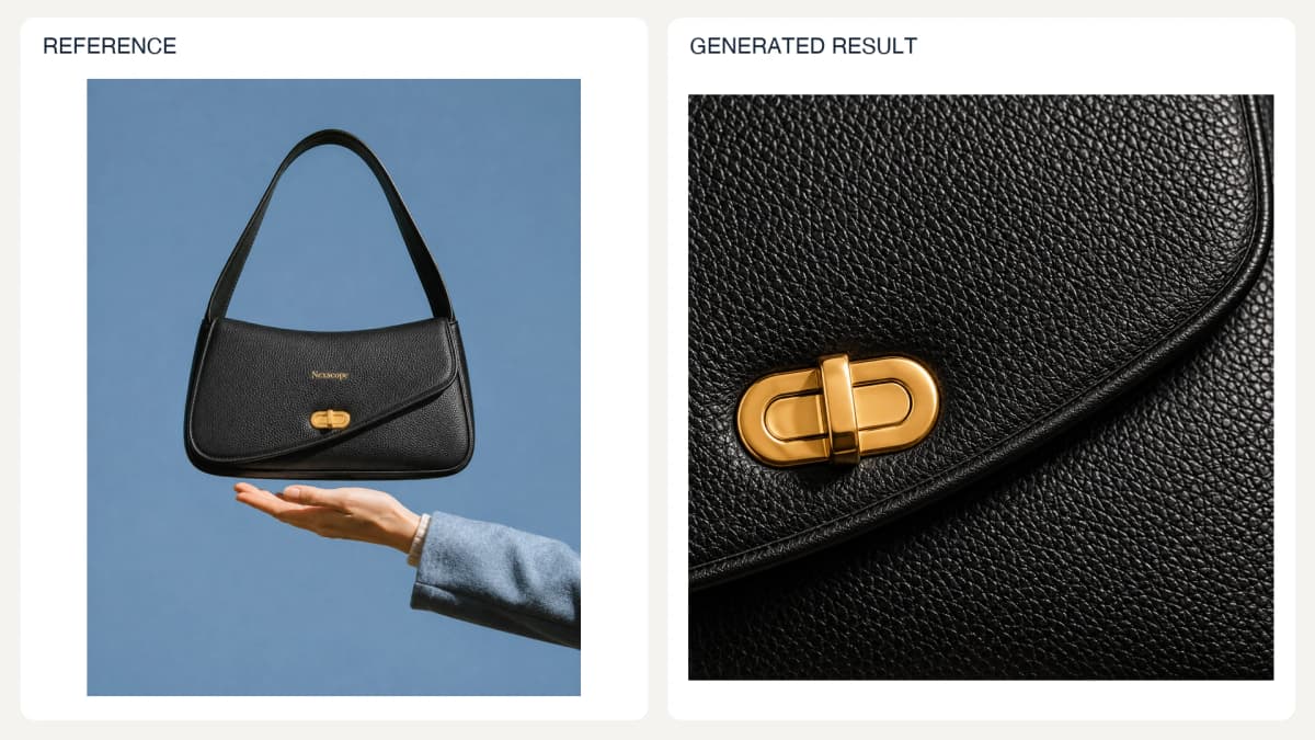 Material Detail Close-Up — reference left and generated example right