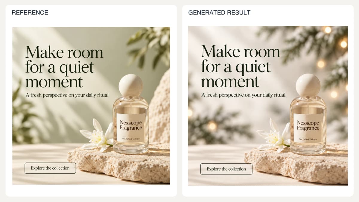 Seasonal Campaign Variation — reference left and generated example right