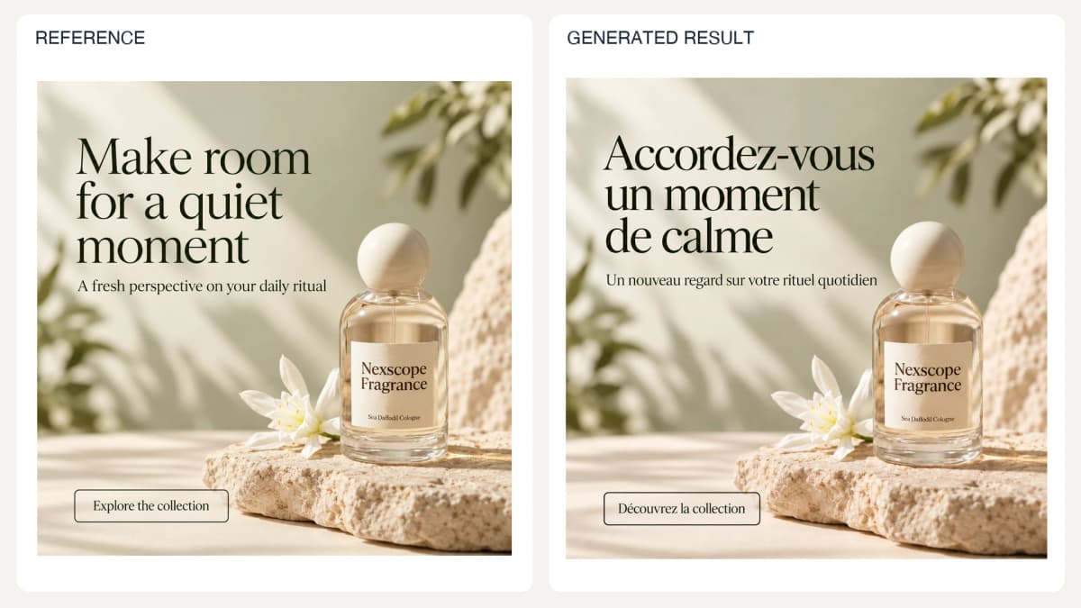 Layout-Preserving Translation — reference left and generated example right