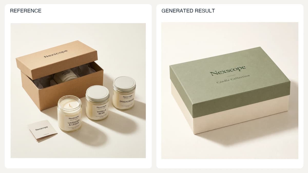 Packaging Concept Exploration — reference left and generated example right