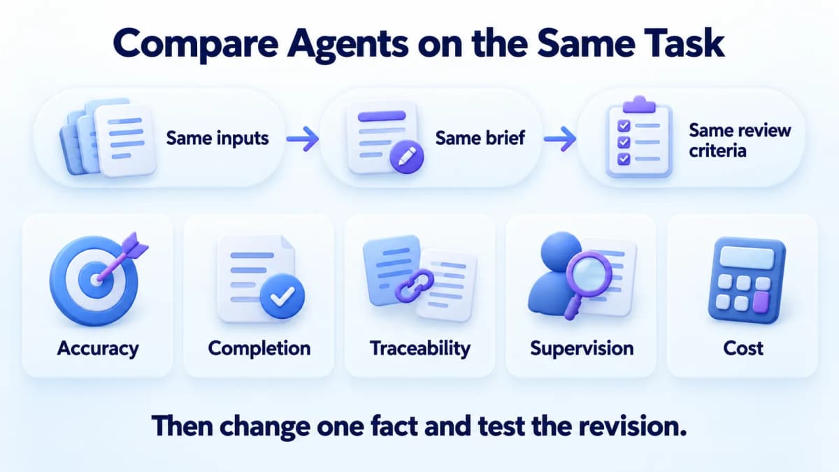 AI agent evaluation framework comparing accuracy, completion, traceability, supervision, and cost