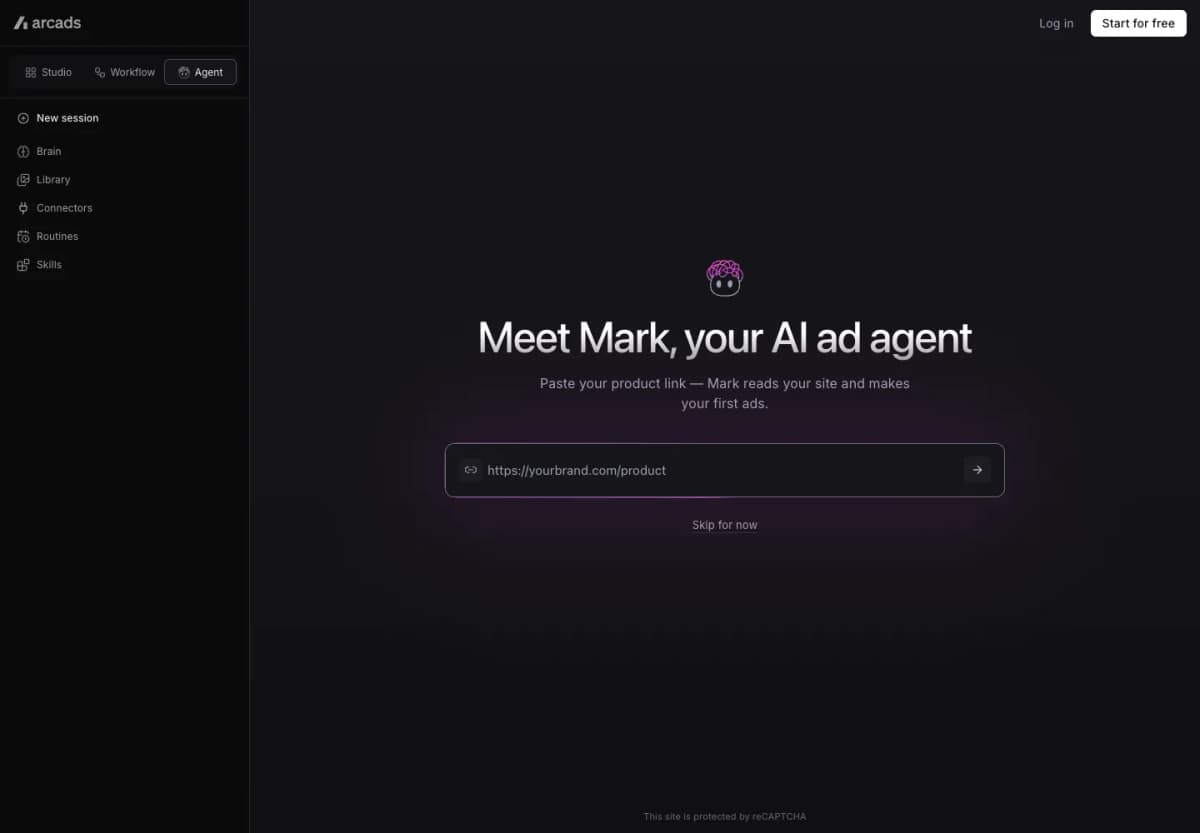 Arcads official ad creation workspace showing its product-link starting point and creative tools