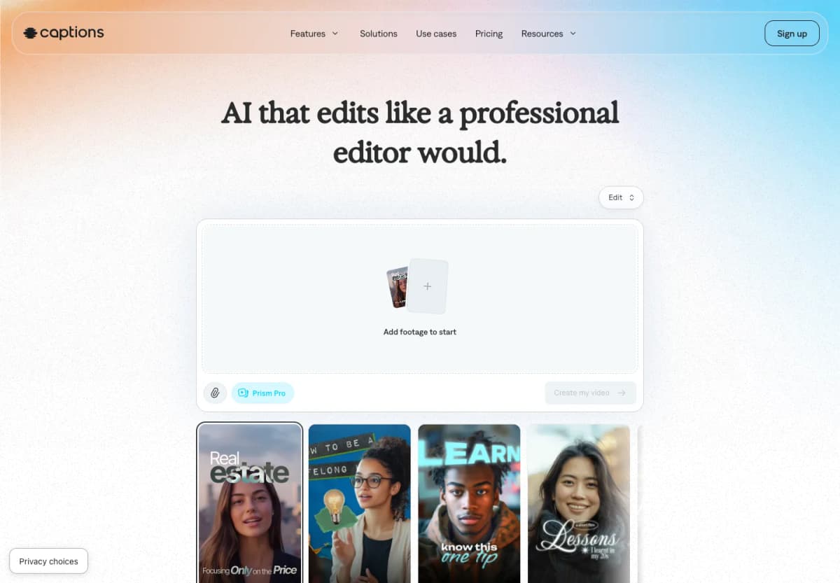 Captions official homepage presenting AI video editing and example styles for creator content
