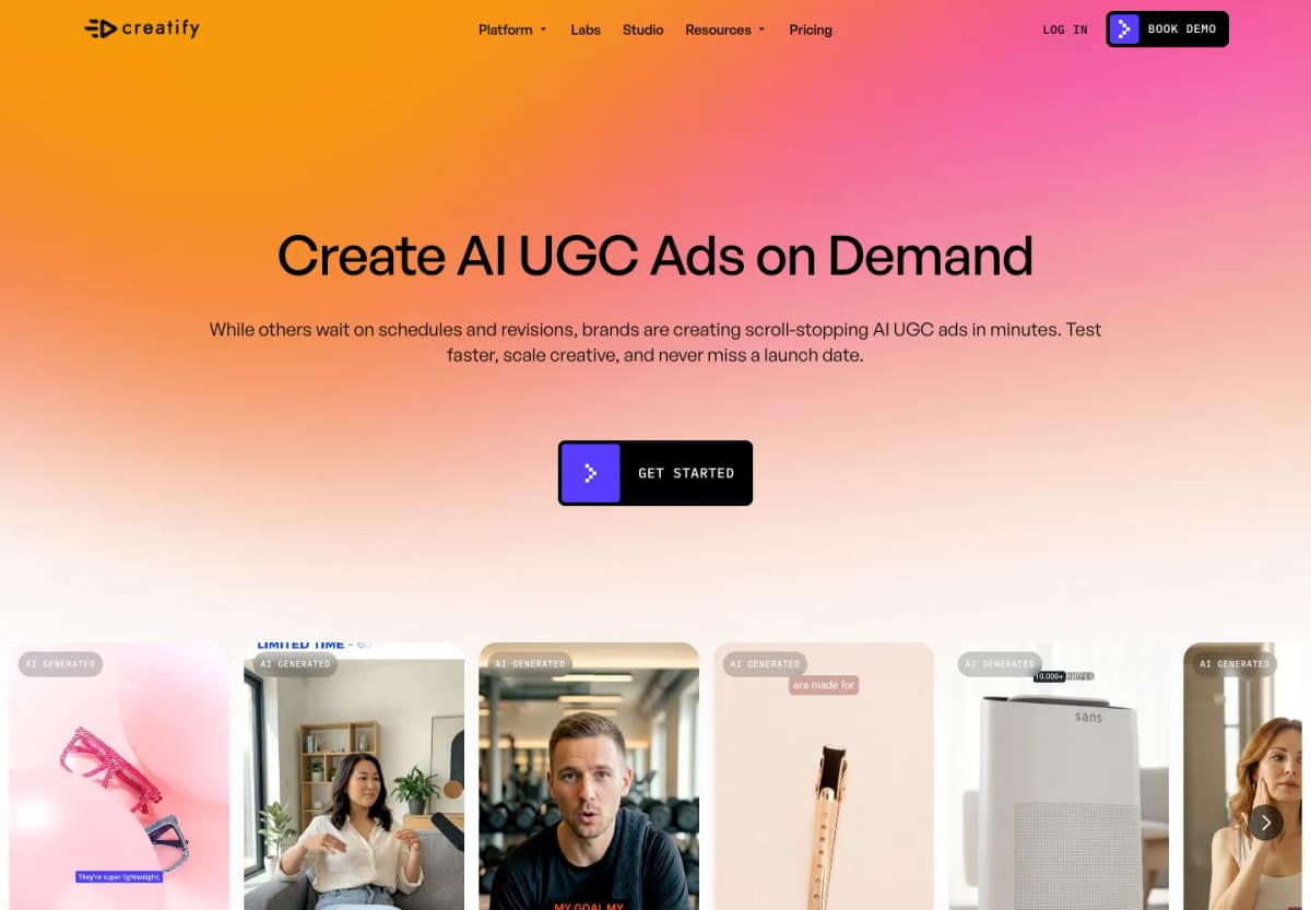 Creatify official UGC product page presenting its AI video advertising and creator-video offering