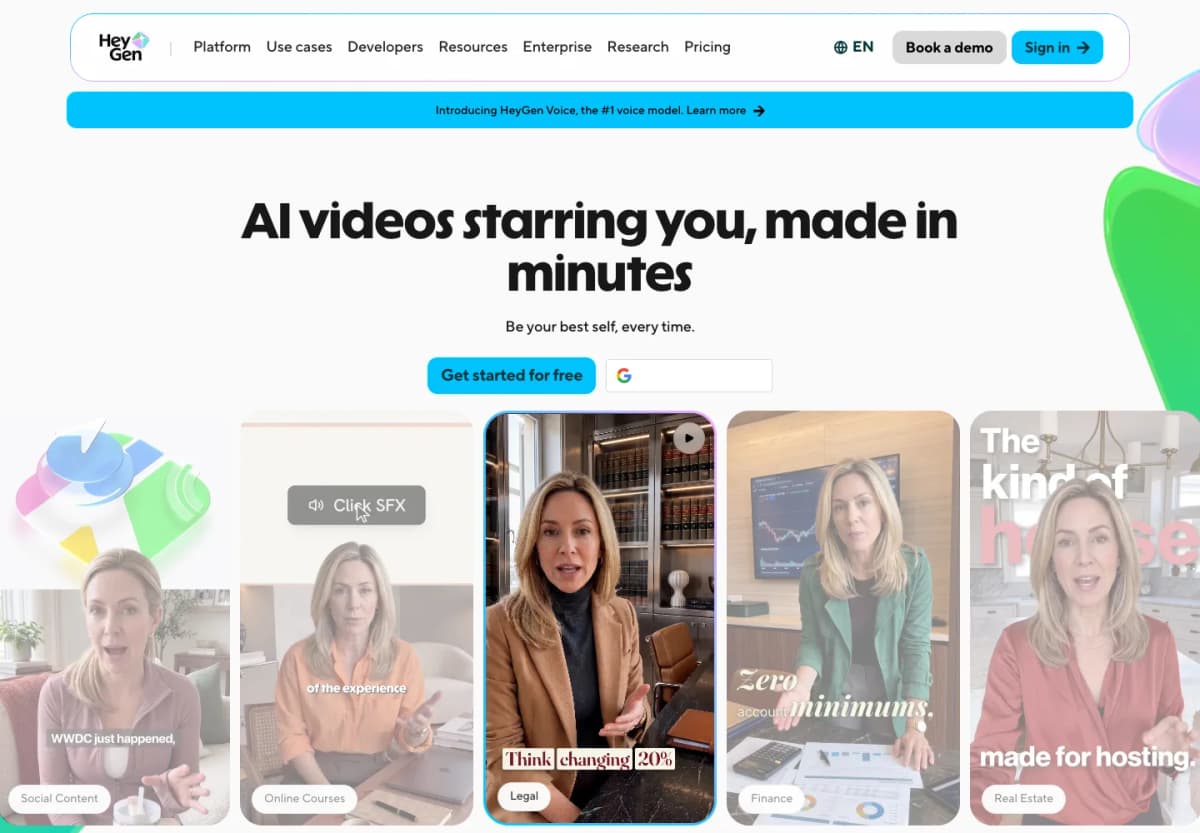 HeyGen official homepage showing AI avatar videos and examples of a presenter across different formats