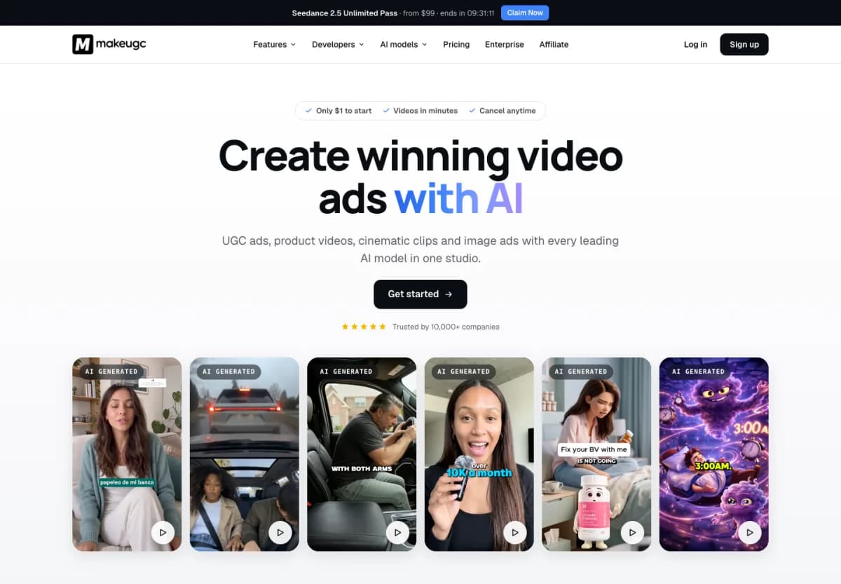 MakeUGC official homepage showing AI-generated UGC, product videos, and presenter-led ad examples