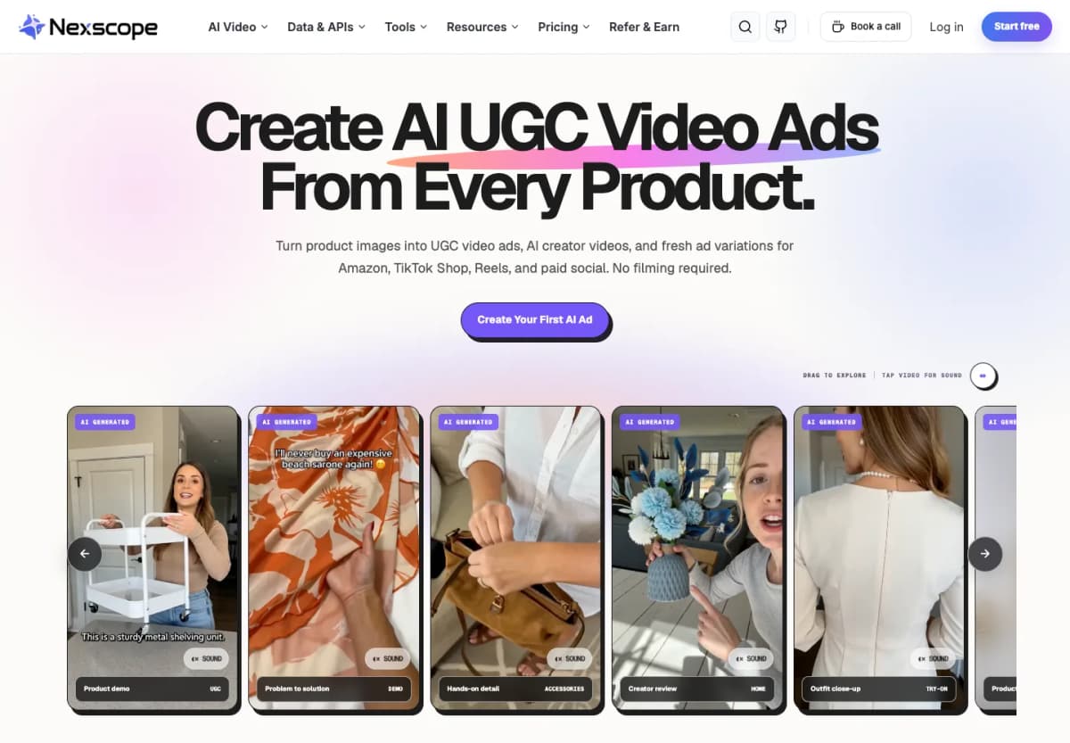 Nexscope AI UGC landing page showing creator-style product video examples for ecommerce advertisements