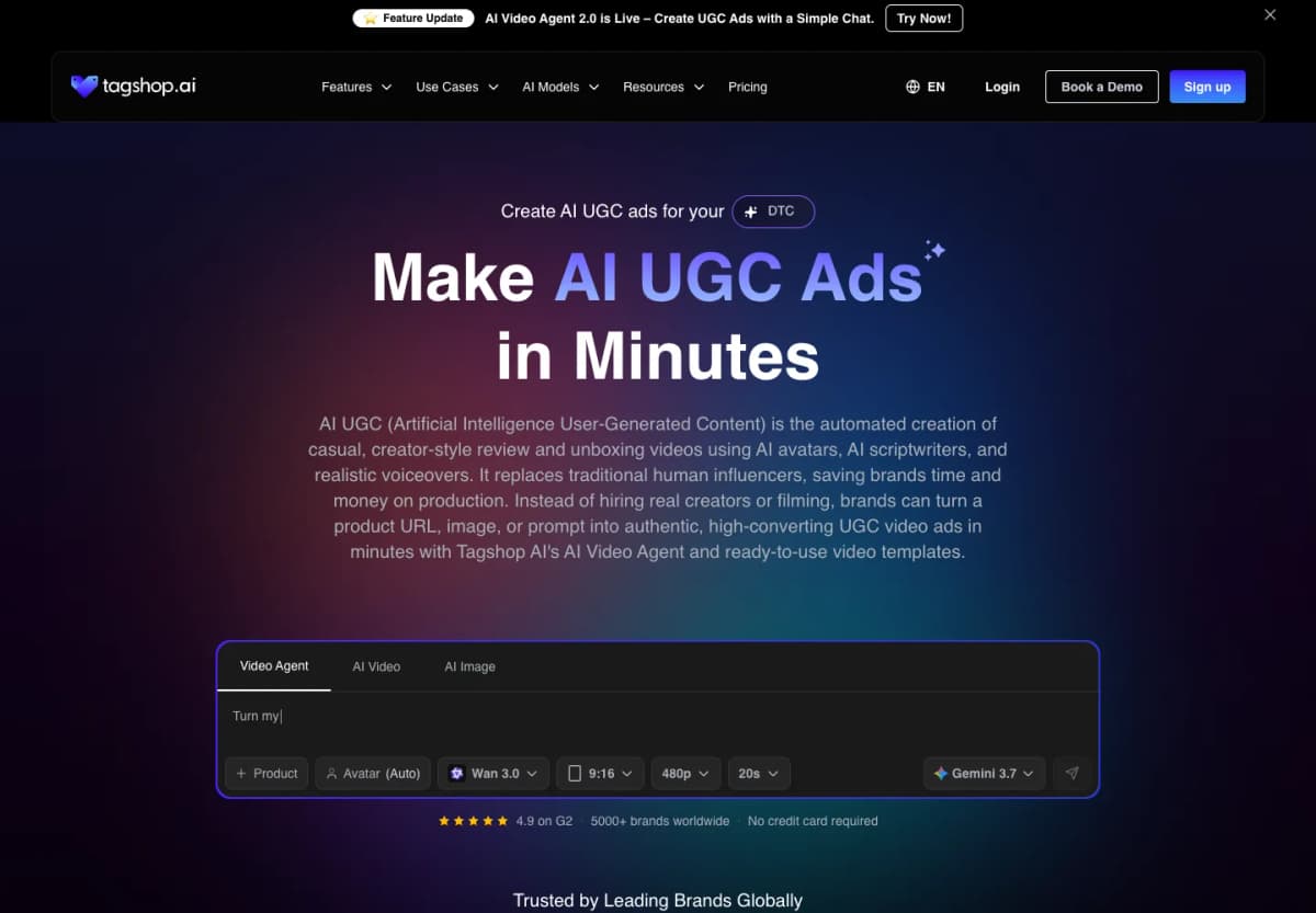 Tagshop AI official UGC ad page showing its product, avatar, and video creation controls