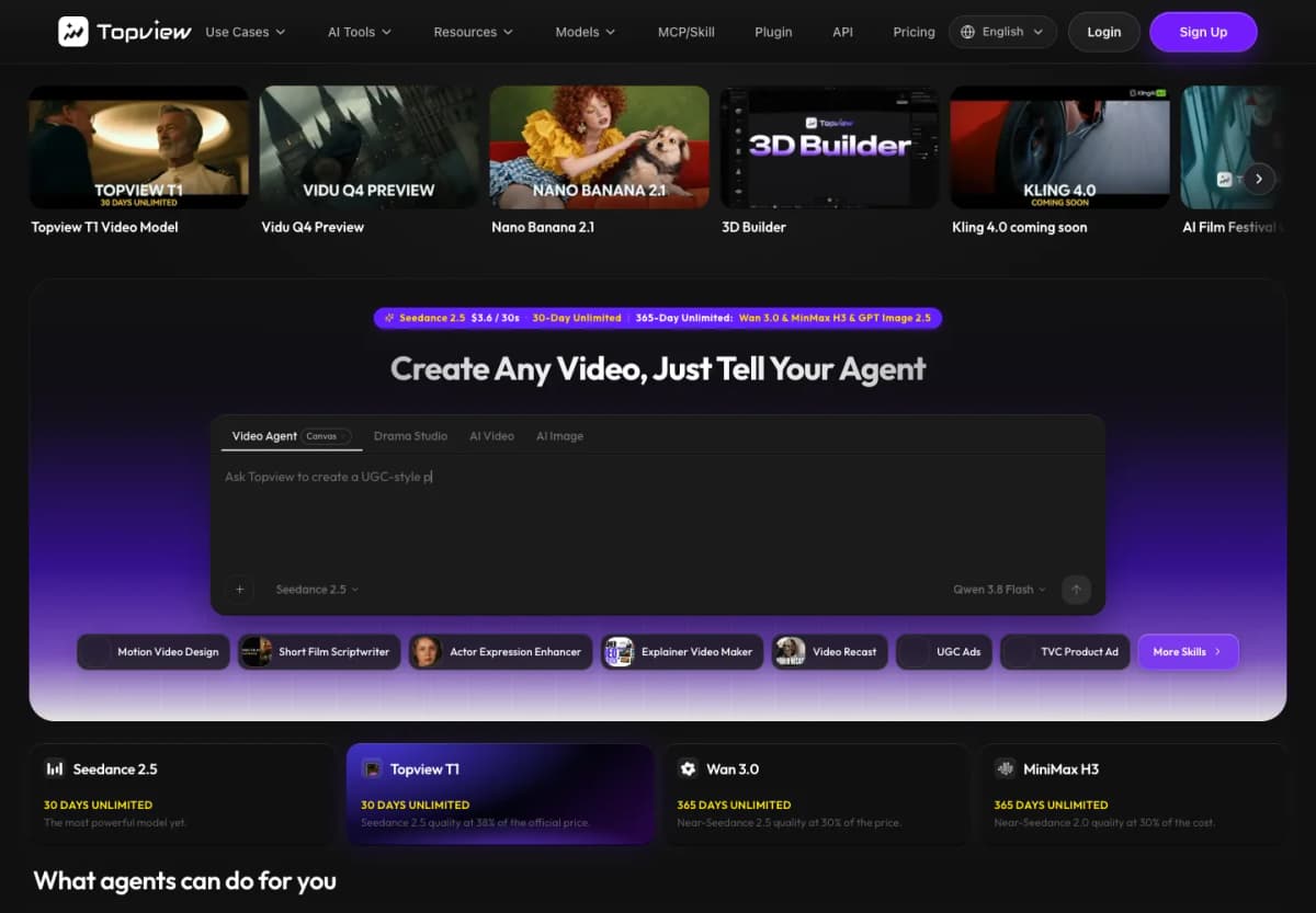 Topview official video creation page showing its prompt workspace, Canvas option, and UGC ad workflow