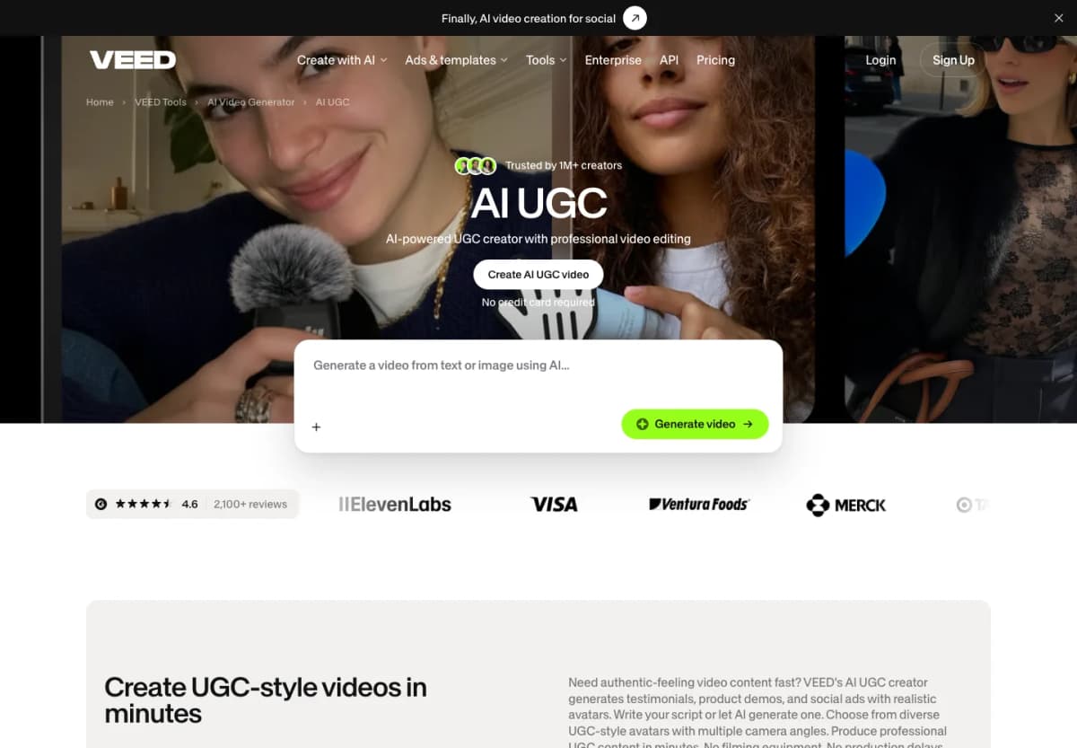 VEED official AI UGC page introducing creator-style video generation with professional editing tools