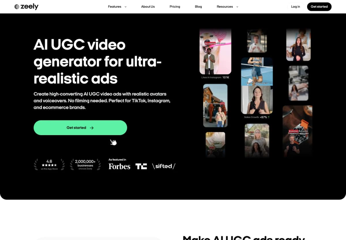 Zeely official UGC video page showing its creator-style advertising workflow and product examples