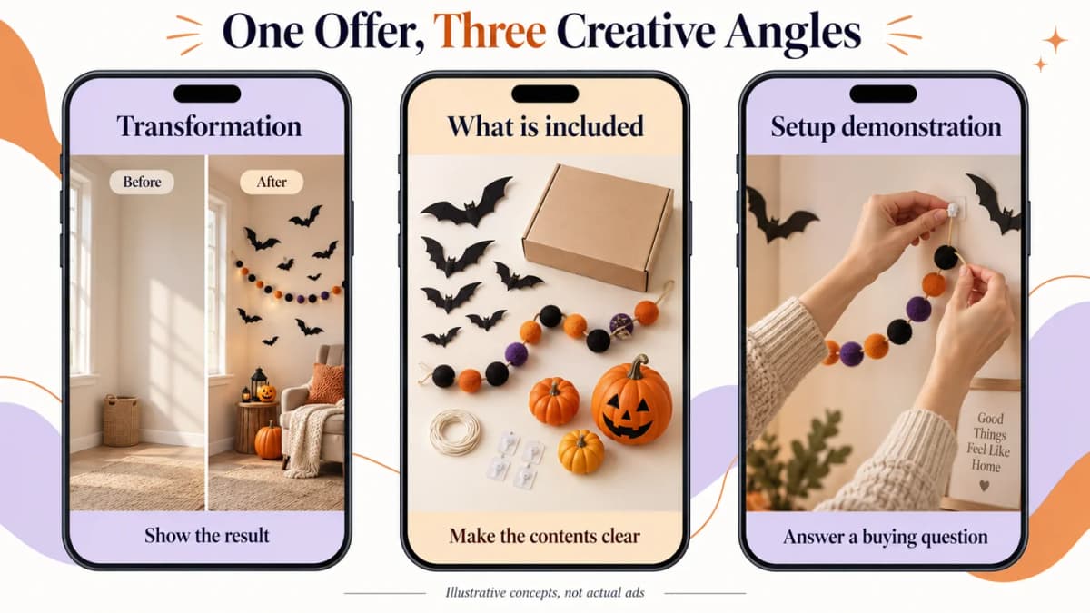 Halloween marketing storyboard showing a room transformation, kit contents, and a setup demonstration