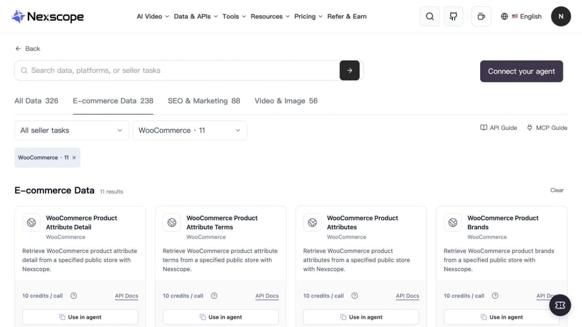 Catálogo de API de Nexscope filtrado por WooCommerce, con las interfaces de datos disponibles