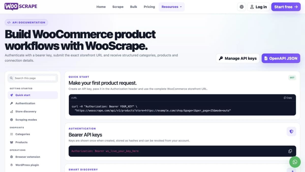 Documentación de WooScrape API con autenticación bearer y una solicitud de productos