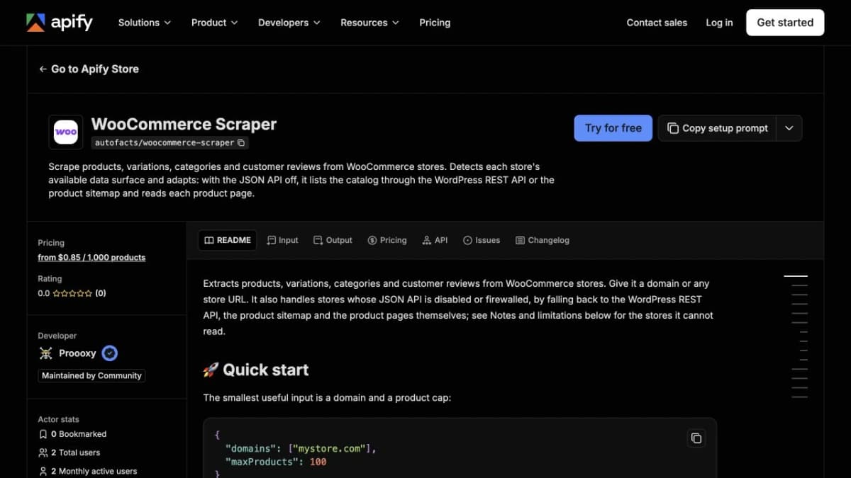 Página del Actor WooCommerce Scraper de autofacts en Apify, con su alcance de recopilación de productos y reseñas
