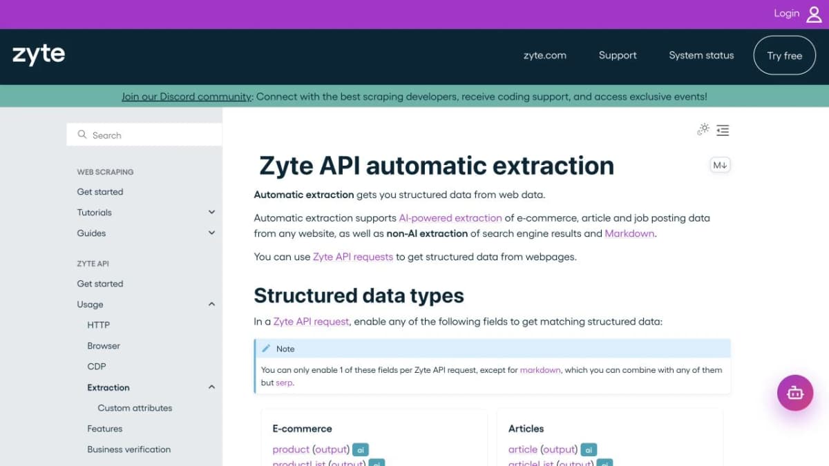 Documentación de extracción automática de Zyte API con tipos de datos estructurados de comercio electrónico