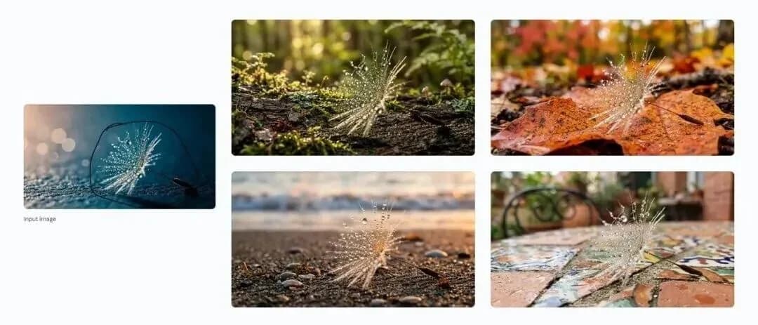Nano Banana 2.1 reference example of a marked dandelion seed placed into four different environments