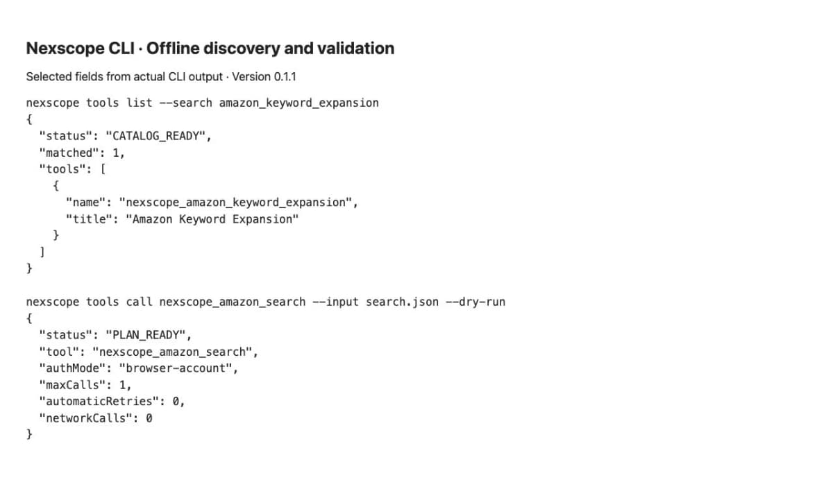 Nexscope CLI output showing a keyword research tool and a successful local request validation