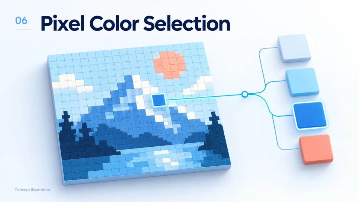 Jev AI concept illustration for pixel color selection, showing the case's decision-making scenario