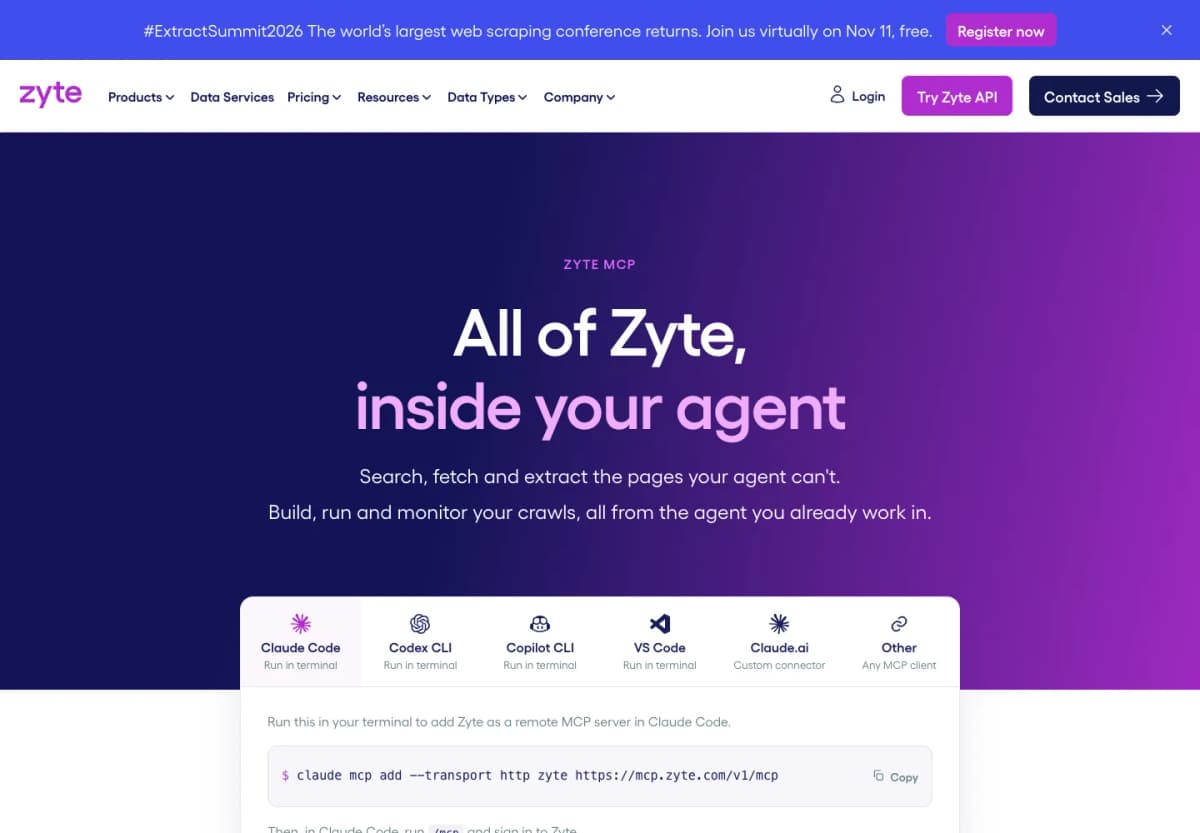 Zyte MCP product page showing web data extraction and agent connection options