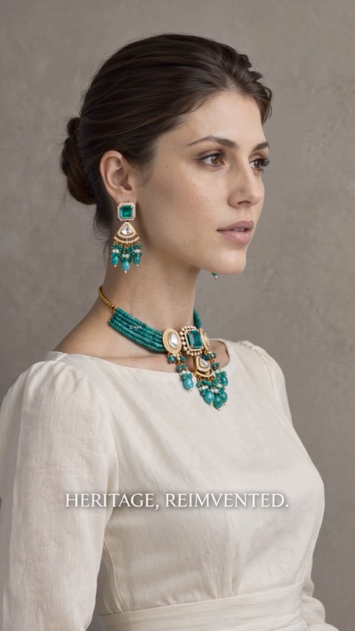 Side profile of a presenter wearing a green gemstone necklace and earrings