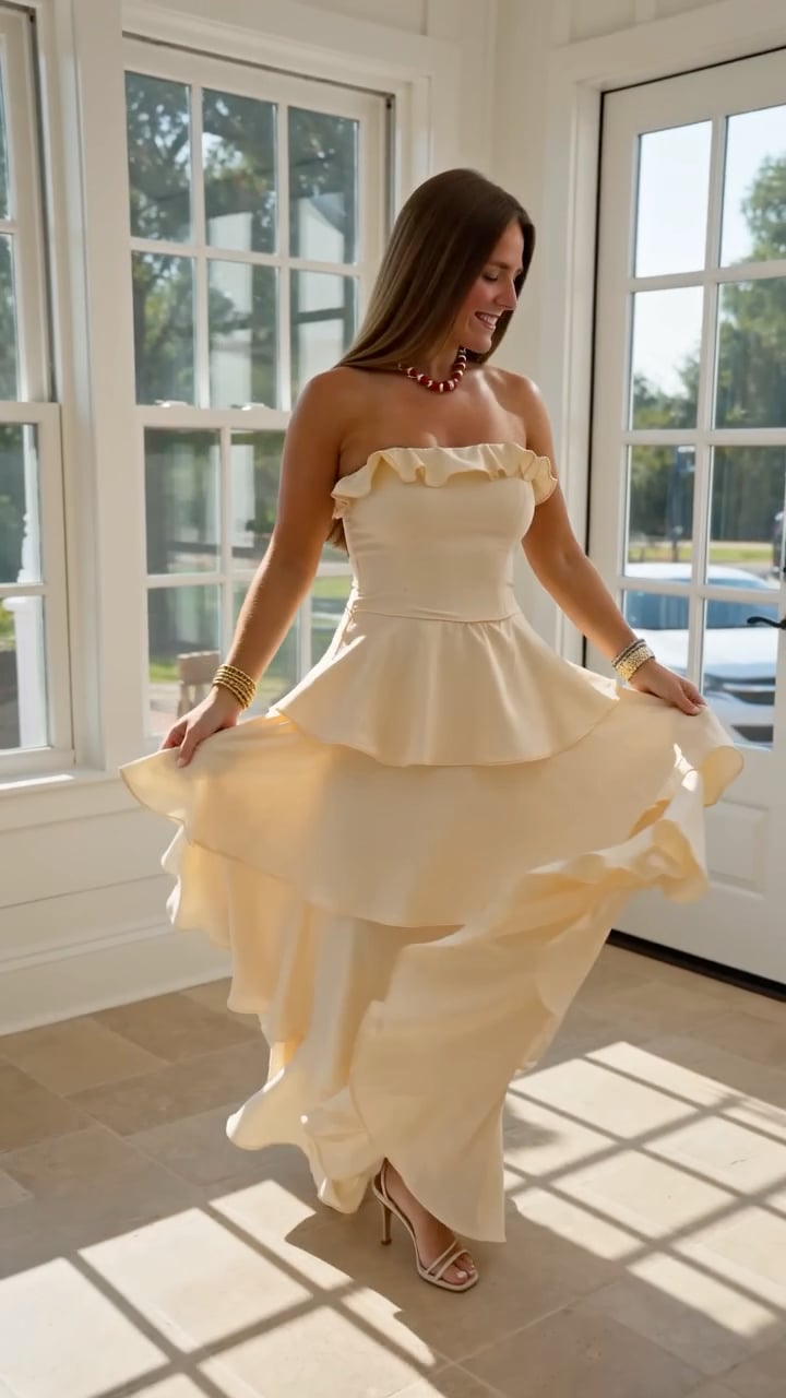 Model holding out the layered skirt of an ivory maxi dress